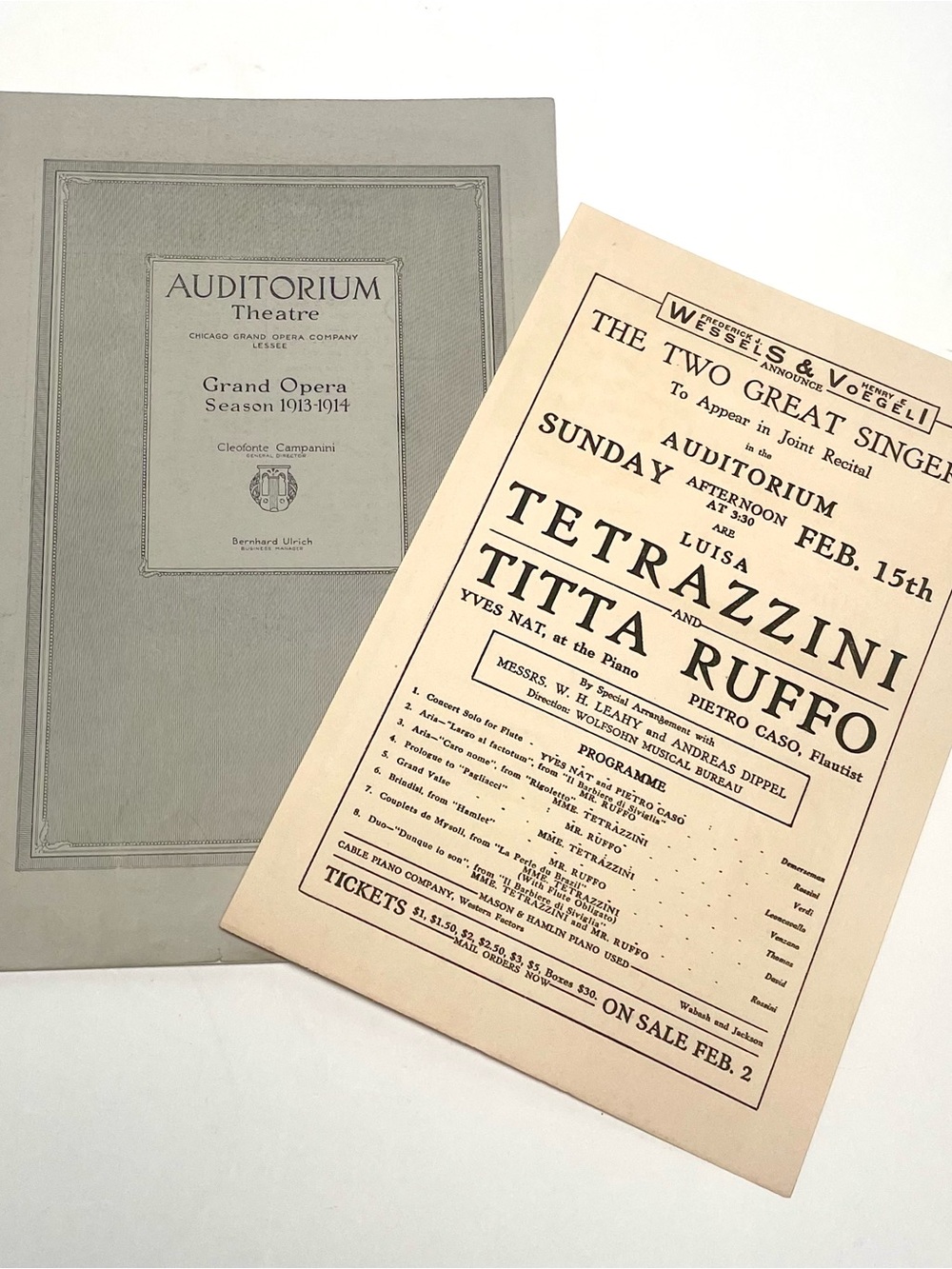 1913-1914 Grand Opera Season at the Auditorium Program & Tetrazzini Ruffo Flyer